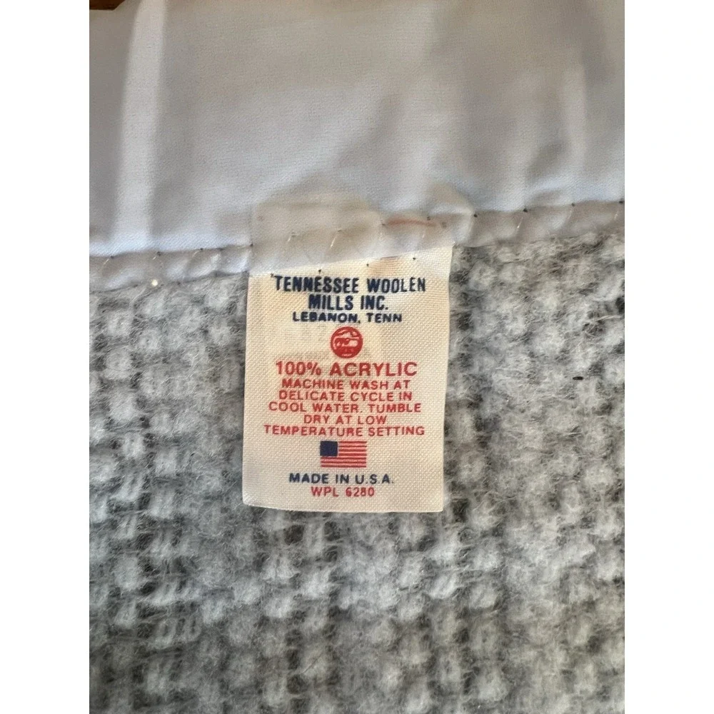 Vintage Tennessee Woolen Mills Blue Acrylic Woven Satin Trim Blanket USA 86 X 69